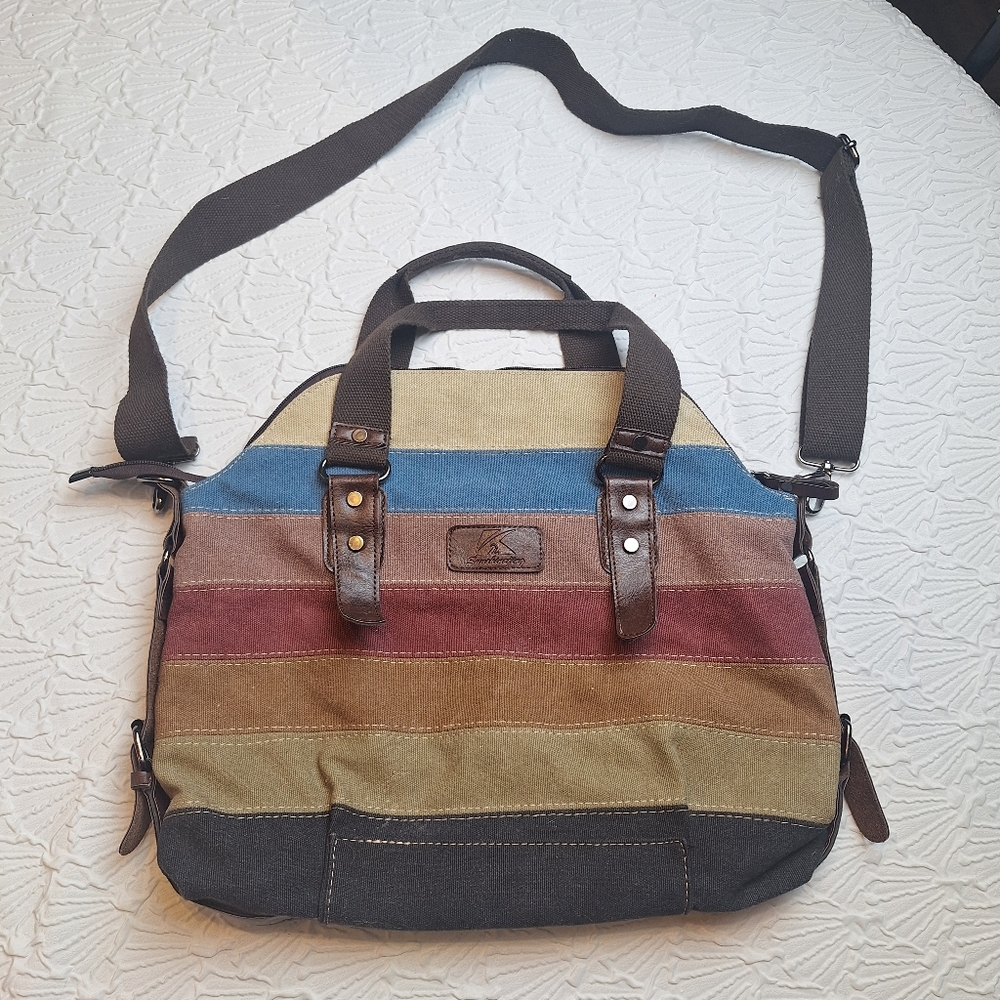 SUNSHINEJING Striped Canvas Tote Crossbody Strap Double Handles 14x12x5